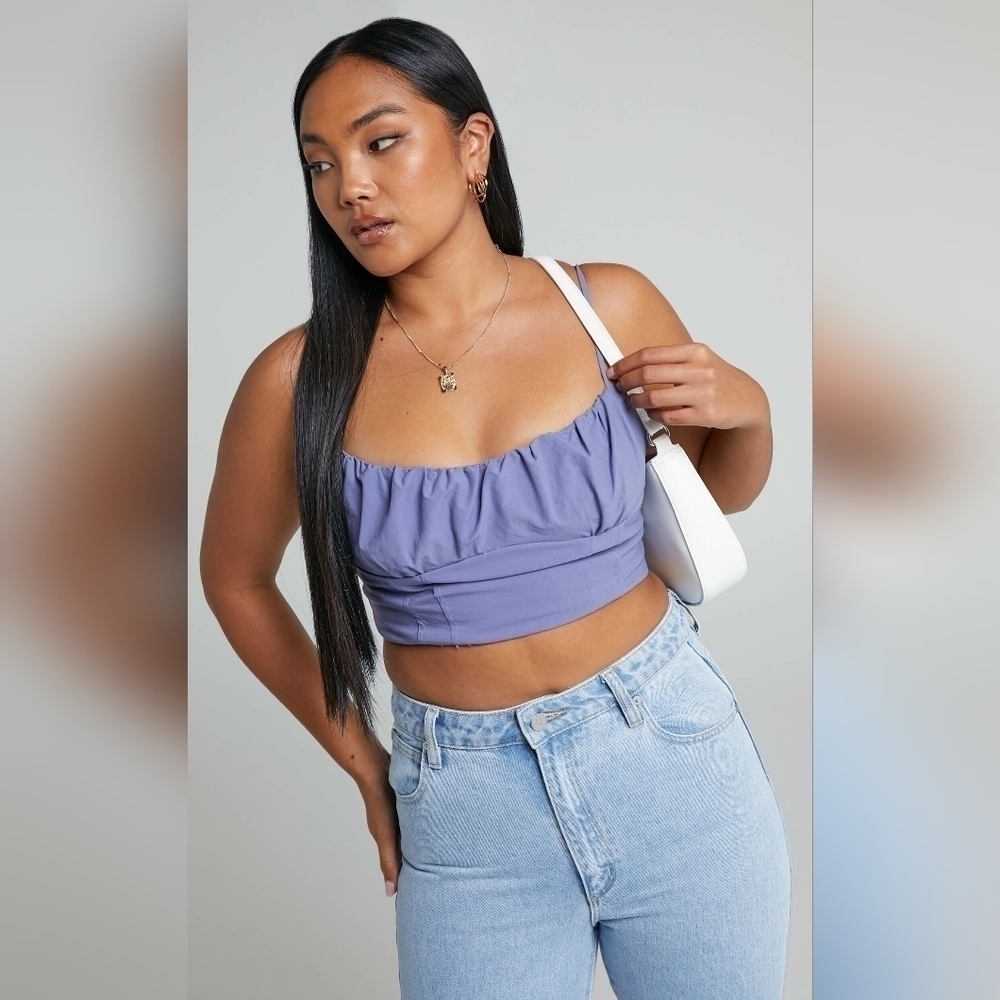New Showpo. Keriana Gathered Front Cropped Corset Top Steel Blue Size 10